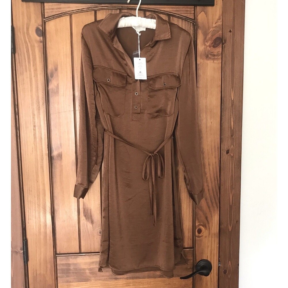 NWT Lucky Brand Long Sleeve Satin Shirtdress Pecan Pie Brown Tie Belt Dress SZ S - Picture 2 of 12